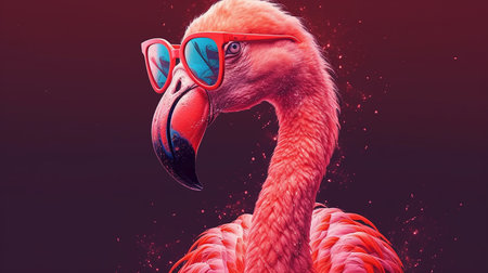 Flamingo in sunglasses on dark background. 3D illustration.の素材