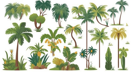 Palm trees set, isolated on white background, vector illustration.の素材