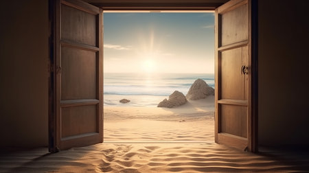 Open door to the sea at sunrise. 3D Rendering.の素材