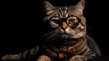 Portrait of a beautiful tabby cat wearing glasses on black backgroundの素材