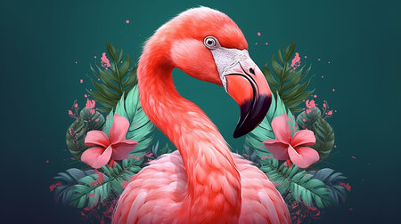 Pink flamingo with tropical leaves on a green background. Vector illustration.の素材