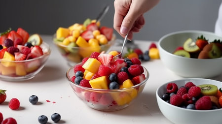 Close-up of woman's hand putting spoon in bowl with fruit salad.の素材
