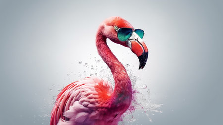 Flamingo in sunglasses splashing water on white background. Mixed mediaの素材
