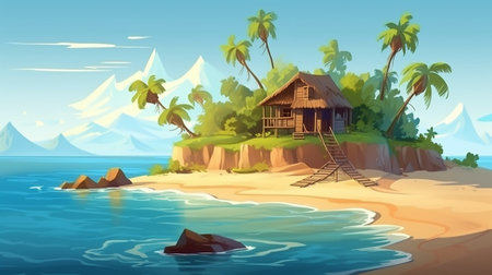 Wooden house on a tropical island. Vector illustration in cartoon styleの素材