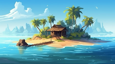 Wooden house on tropical island with palm trees. Vector cartoon illustrationの素材