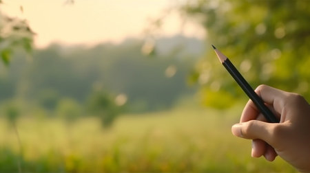 Close-up of a female hand holding a pencil in a green fieldの素材