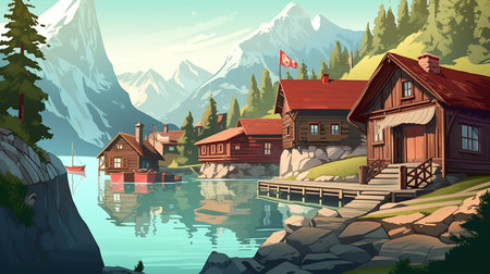 Mountain landscape with wooden houses and mountain lake. Vector illustration.の素材