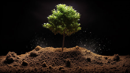 Conceptual image of green plant growing out of soil on black backgroundの素材