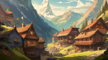 Fantasy landscape with wooden houses in the mountains. Digital painting.の素材