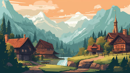 Swiss alps landscape with old wooden houses and river. Vector illustrationの素材