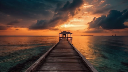 Wooden jetty on tropical beach at sunset in Maldives.の素材