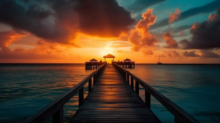 Wooden pier at sunset in Maldives. Beautiful view of jetty and ocean at sunset.の素材