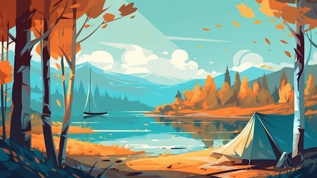 Autumn landscape with lake, forest and camping tent. Cartoon vector illustrationの素材