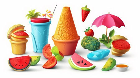 Fruit and berry ice cream set. Strawberry, banana, kiwi, watermelon, orange, pineapple, strawberry, lemonade, ice cream in waffle cup. Vector illustration.の素材