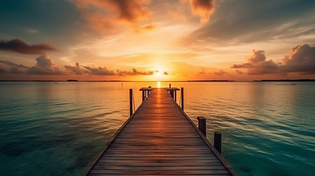 Beautiful sunset over the sea with wooden jetty, Maldivesの素材