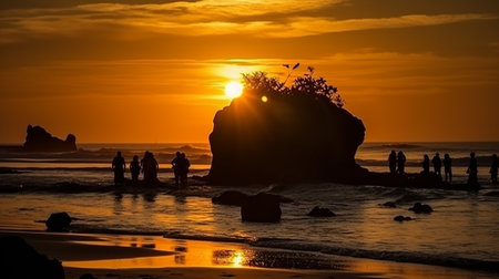 Silhouettes of people on the beach at sunset in Bali, Indonesiaの素材