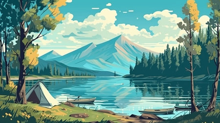 Beautiful landscape with mountains, lake and forest. Vector illustration.の素材