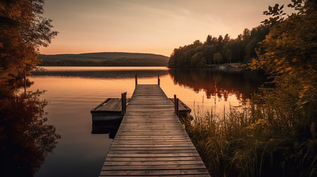 Wooden jetty on a lake at sunset. Beautiful autumn landscape.の素材