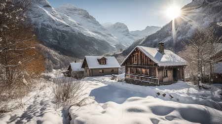 Beautiful winter alpine landscape with wooden houses in Dolomites, Italyの素材