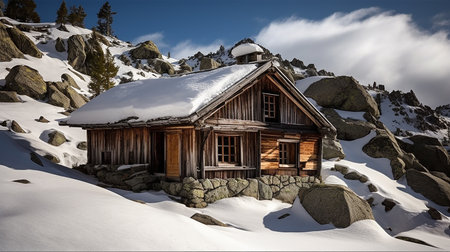 Beautiful alpine mountain landscape with old wooden house in the snowの素材