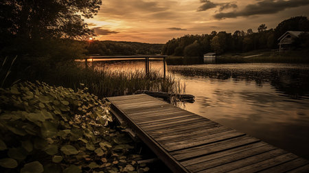 Sunset over a lake with wooden jetty in the foreground.の素材