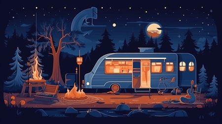 Camping trailer on the forest at night. Vector illustration in cartoon styleの素材