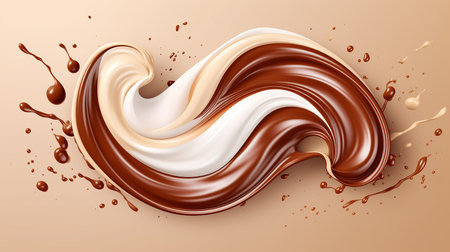 Chocolate swirl background. Realistic vector illustration of chocolate swirl with drops and splashes.の素材