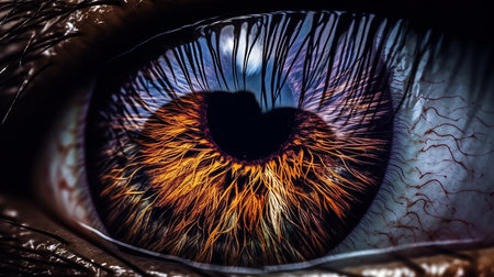Close-up of human eye with blue and orange iris.の素材