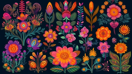 Set of colorful flowers and leaves. Floral background. Vector illustration.の素材