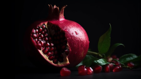Ripe pomegranate fruit with green leaves on black backgroundの素材