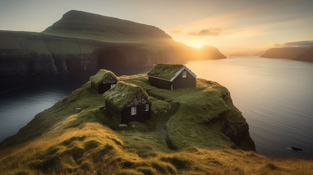 Sunset over Mykines village in Faroe Islands, Denmarkの素材