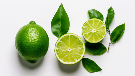Fresh limes with green leaves on white background. Top view.の素材
