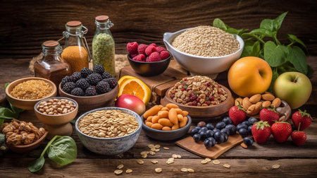 Healthy food selection including oatmeal, berries, fruits and nuts.の素材