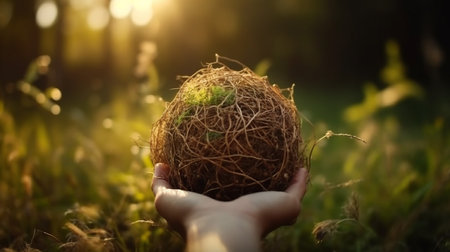 Woman's hand holding a tree in the forest. Eco concept.の素材