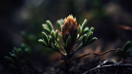 A closeup shot of a small plant on a dark blurred backgroundの素材