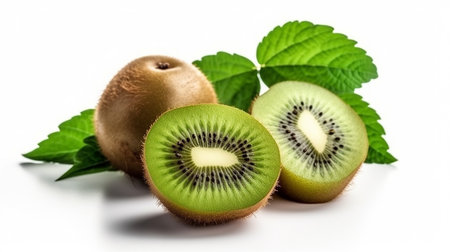 Kiwi fruit with leaves isolated on white background. Close up.の素材
