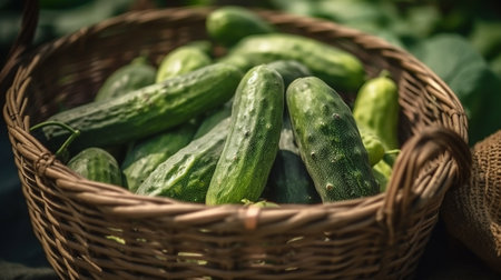 Fresh cucumbers in a basket. Selective focus. nature.の素材