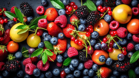 Mix of fresh berries on black background. Berries and fruits.の素材