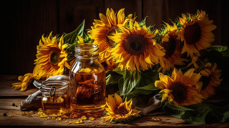 Sunflower oil in a glass bottle with sunflowers on wooden backgroundの素材