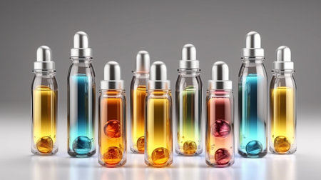 3d illustration of glass vials with multicolored liquid.の素材