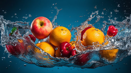 Fruit in water splash, isolated on blue background. Healthy food concept.の素材