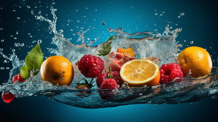 Fresh fruits falling into water with splash on blue background. Mixed mediaの素材