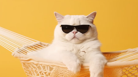 Cute cat with sunglasses lying in hammock on yellow background.の素材