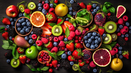 Fresh fruits and berries on black wooden background. Top view. Copy space.の素材
