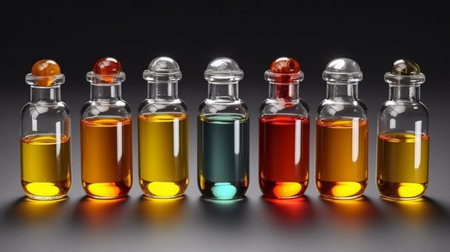 Glass vials with multicolored liquids on a dark background.の素材