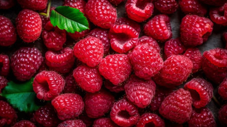 Raspberries background. Fresh raspberries with green leaves.の素材