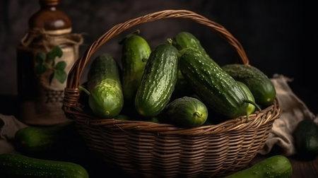 Fresh cucumbers in a wicker basket on a dark background.の素材