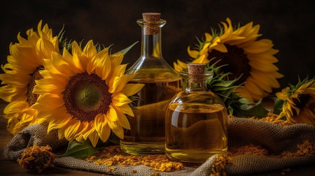 Bottle of sunflower oil with sunflowers on wooden tableの素材