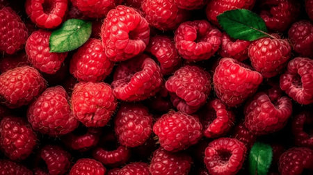 Fresh raspberries as a background. Top view. Toned.の素材
