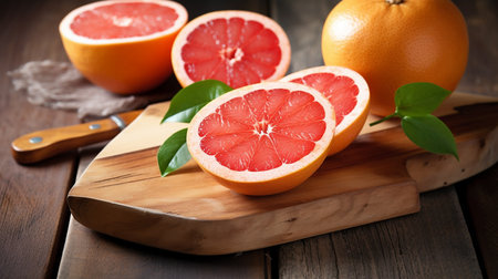 Grapefruit on a cutting board on a rustic wooden tableの素材